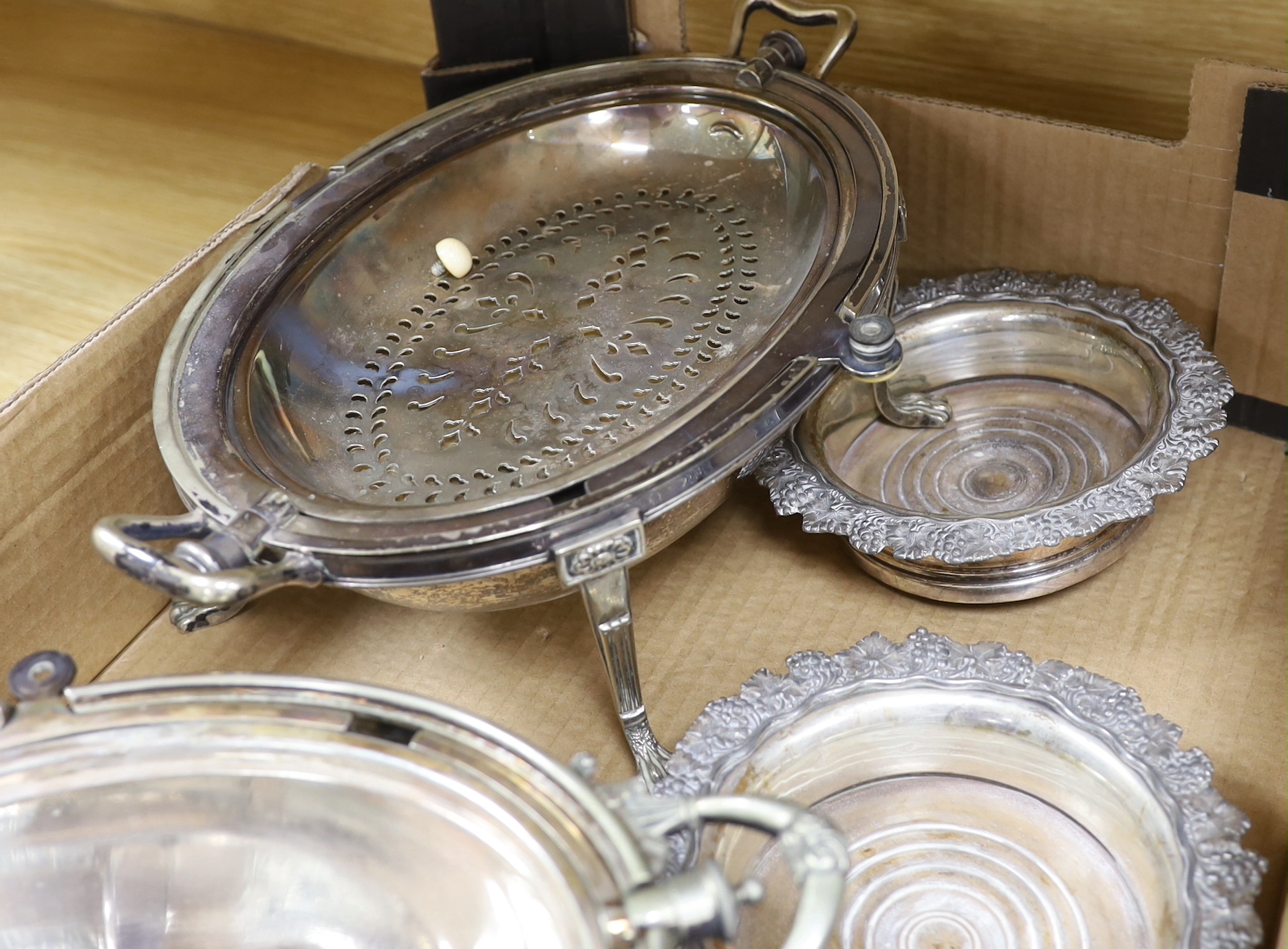 Sundry plated wares including two breakfast dishes, wine coasters and candle wick trimmers, largest 35cm wide